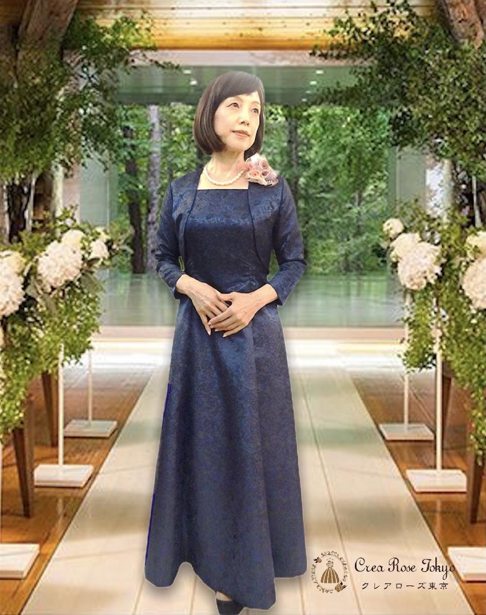横浜元町　クレアローズ東京オリジナル正礼装 ・人気の母親ドレス！バラが全身に輝くコーディネート2点セット【ミシェルネイビードレス＋ミシェルネイビージャケット】サイズ各種