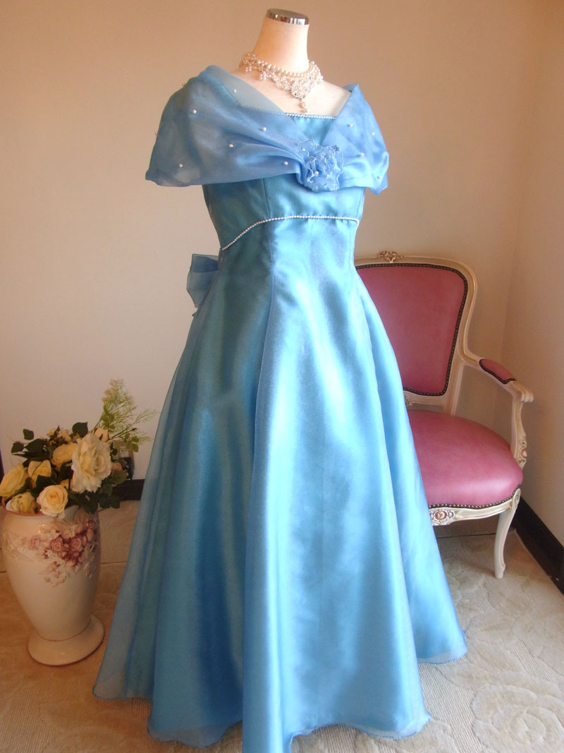 [サターシャ]水色Aラインのロングドレス　１１号Lサイズ