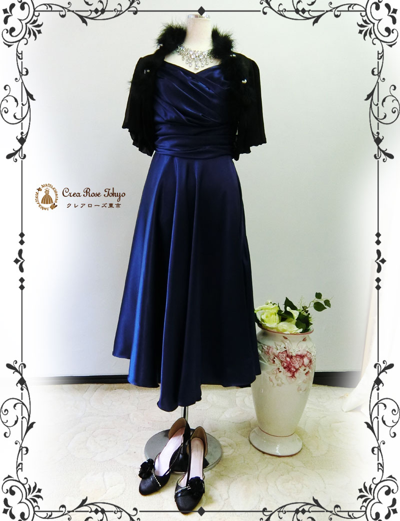 [ブランシュネイビー]ドレープと光沢が素敵なミモレ丈パーティードレス