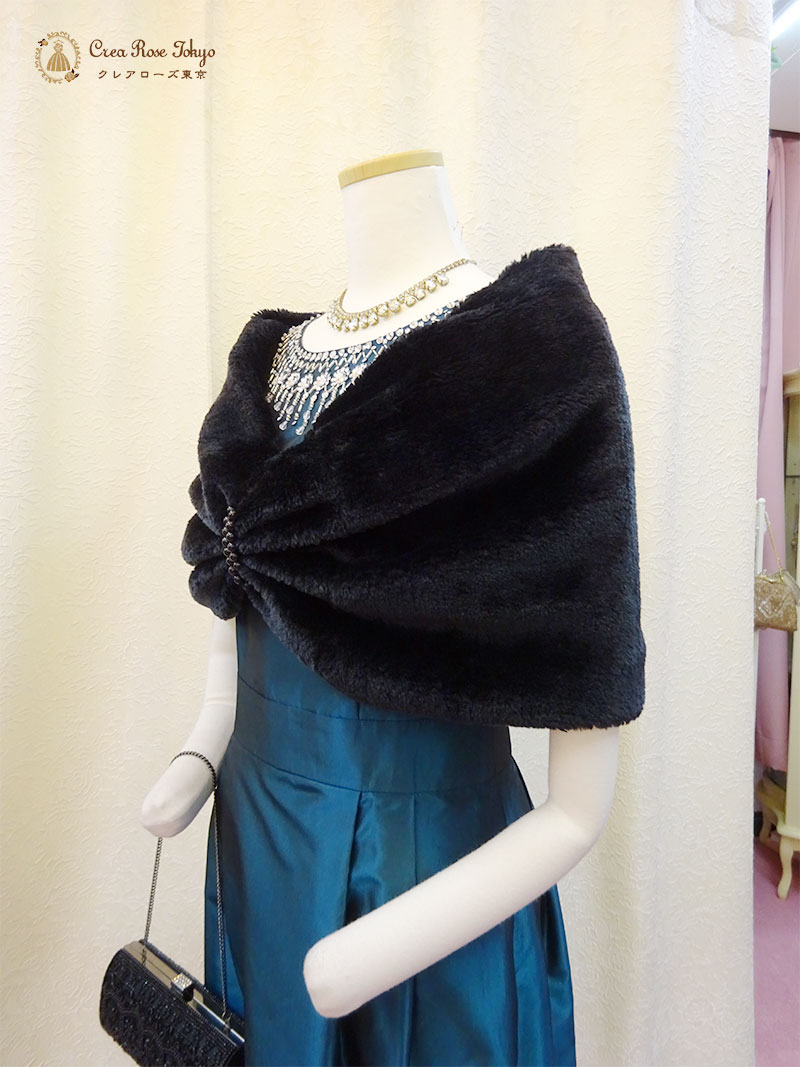 秋冬におすすめ！温かいファー素材のボレロ【リボンブラック】ミセス向け