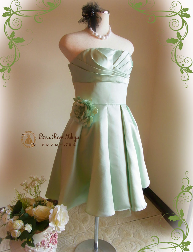 [セシリア]ソフトグリーンの膝丈若草色パーティードレス　7～１３号サイズ