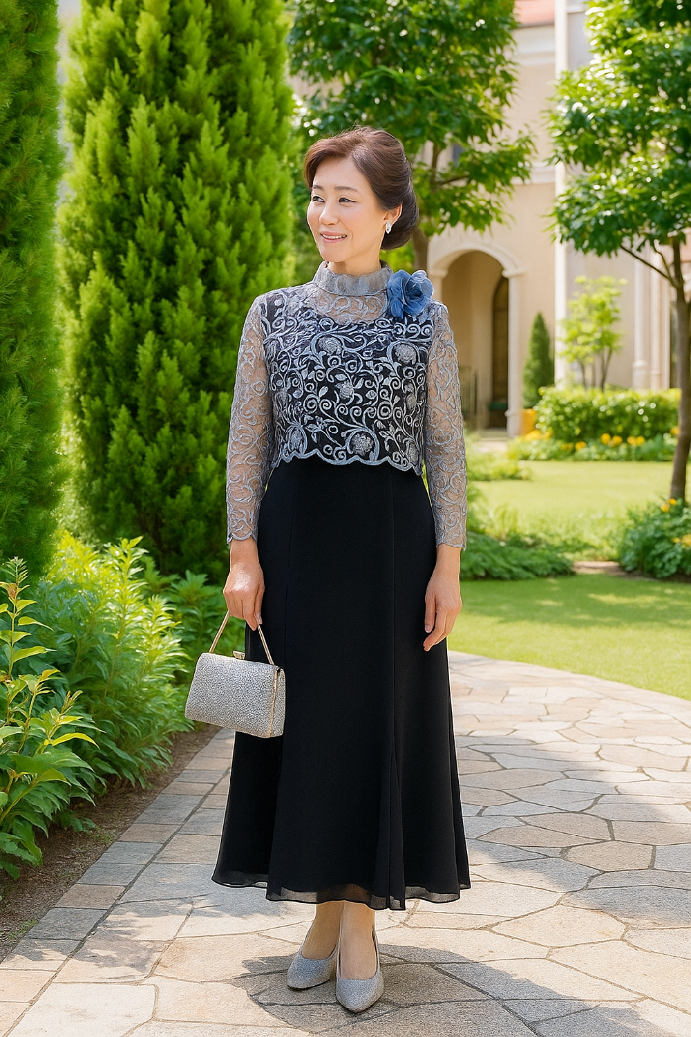 ミセスの立ち襟50代フォーマルドレス【クラリネットドレス+クラランスヘンリーボレロ 】ご親族様、フォーマル洋装に最適