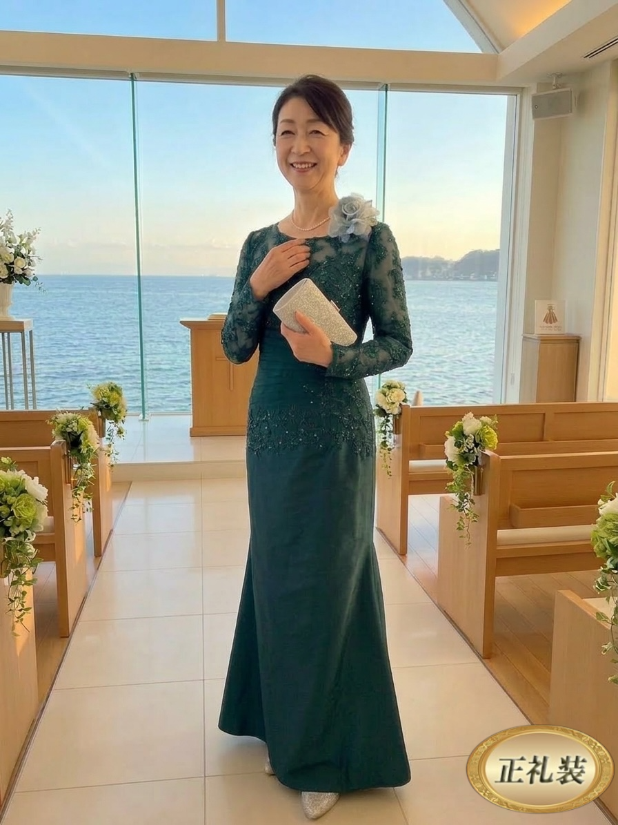 夏の結婚式に映える鮮やかなグリーン色の正礼装【ルイ・フィリップ】華を添える、オリジナルマザーズドレス