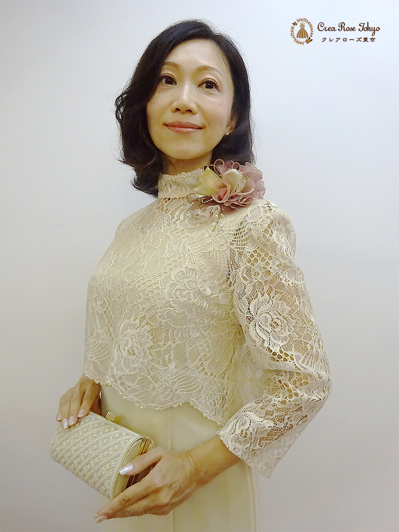 横浜元町　暖かく明るいカラーのロングドレスとレースボレロで気高く【ユミ・クラシカルドレス＋メイサレースボレロ】ミセスの結婚式やパーティーに