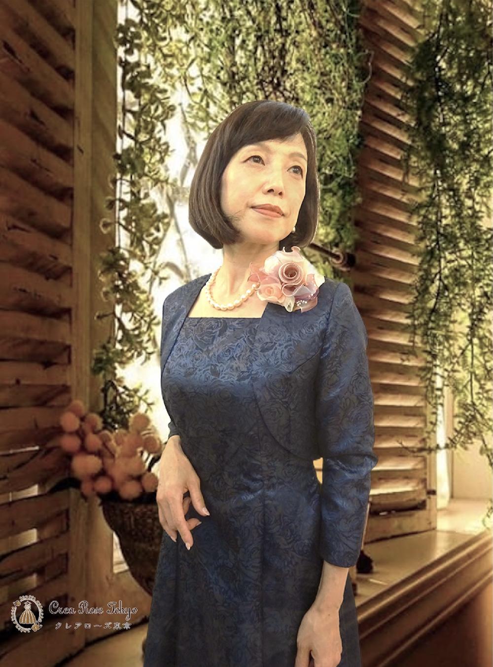 横浜元町　クレアローズ東京オリジナル正礼装 ・人気の母親ドレス！バラが全身に輝くコーディネート2点セット【ミシェルネイビードレス＋ミシェルネイビージャケット】サイズ各種