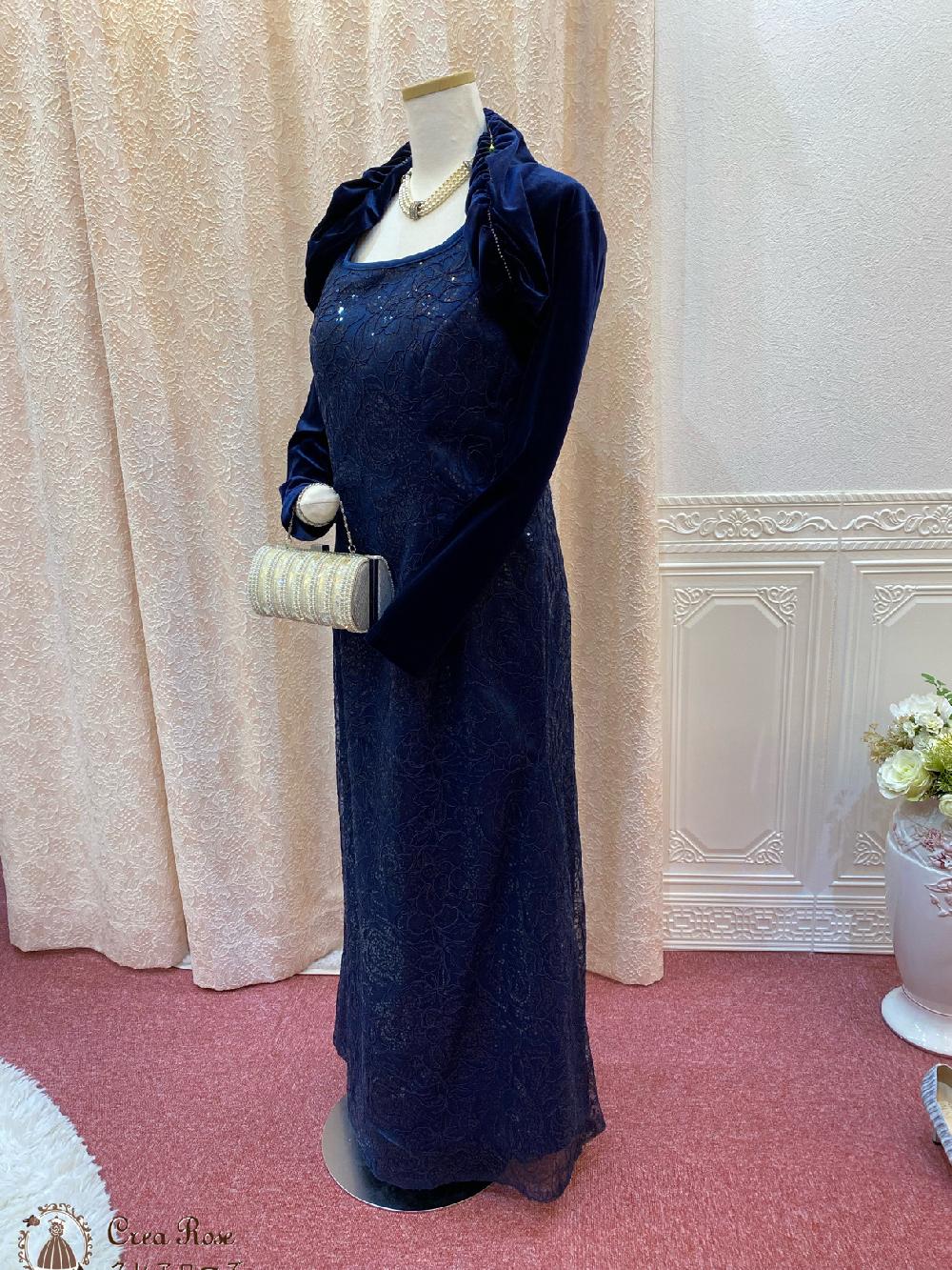 【ロイヤルゲランドレス＋ガブリエル・ベロアボレロ】胸元がすっきりとしたドレスでスタイルアップ・人気のネイビードレス・結婚式やパティーに