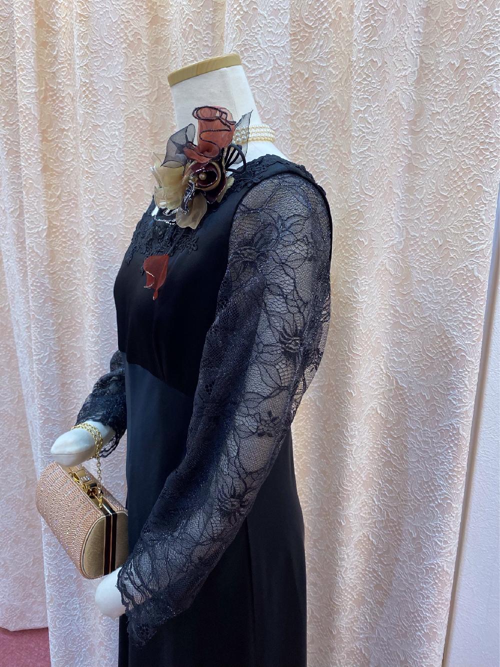 【アプロディードレス】袖ありブラックロングドレス　結婚式お呼ばれや親族の方に