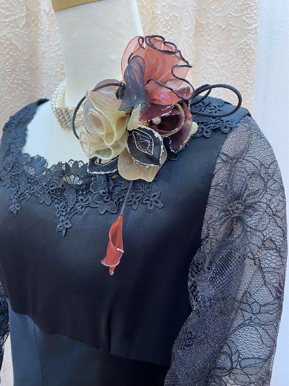 【アプロディードレス】袖ありブラックロングドレス　結婚式お呼ばれや親族の方に