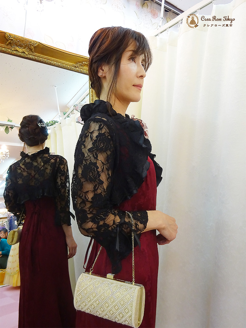 紅のスレンダードレスと黒いレースボレロの2点セット【シャマーラレッドドレス＋ブラックレースロングボレロ】ミセスのパーティードレス