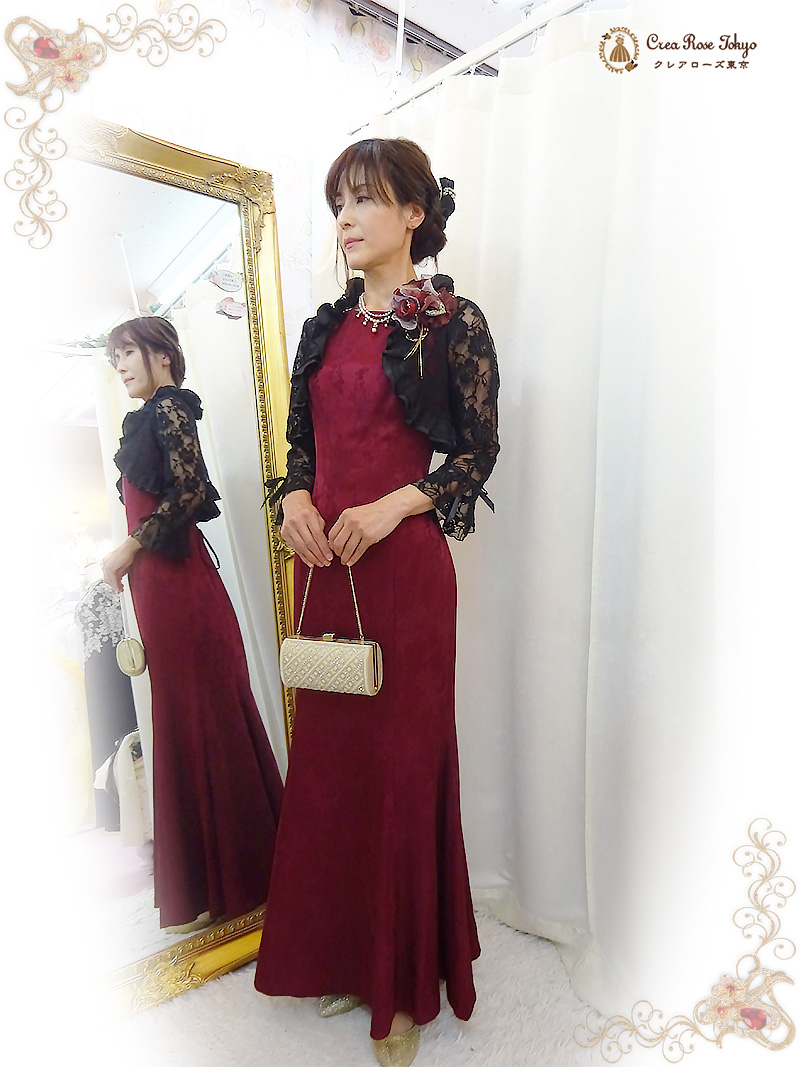 紅のスレンダードレスと黒いレースボレロの2点セット【シャマーラレッドドレス＋ブラックレースロングボレロ】ミセスのパーティードレス