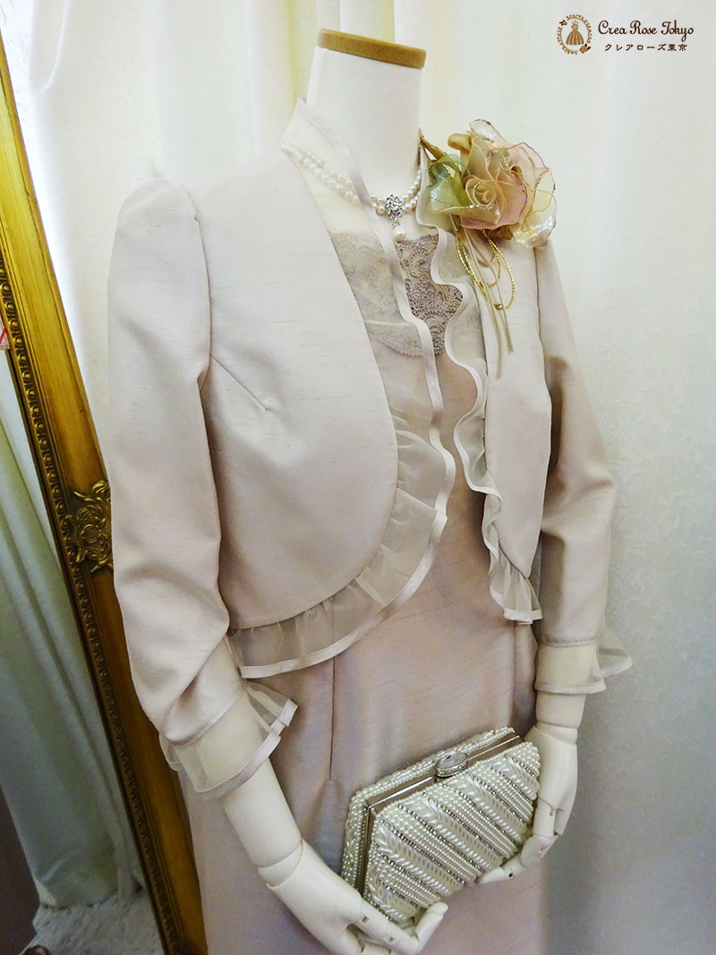 優しい印象のピンク系コーディネート2点セット！【ルシードルレースドレス＋ベージュミアジャケット】日本製の母親、叔母さまドレス