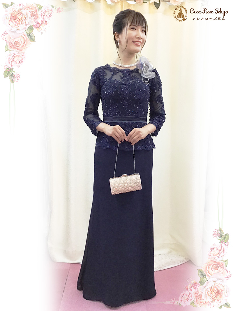 7号 輝くビジューが美しいスレンダーフォルム【ヴェロニカネイビー】40～60代のミセスの結婚式に