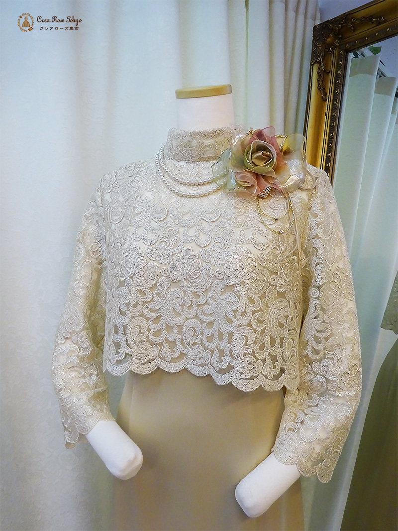 明るく輝く好印象ドレスアップ・スタイル【モナリクィーンドレス＋クラランスボレロ】30～70代の結婚式や格式高いパーティーに