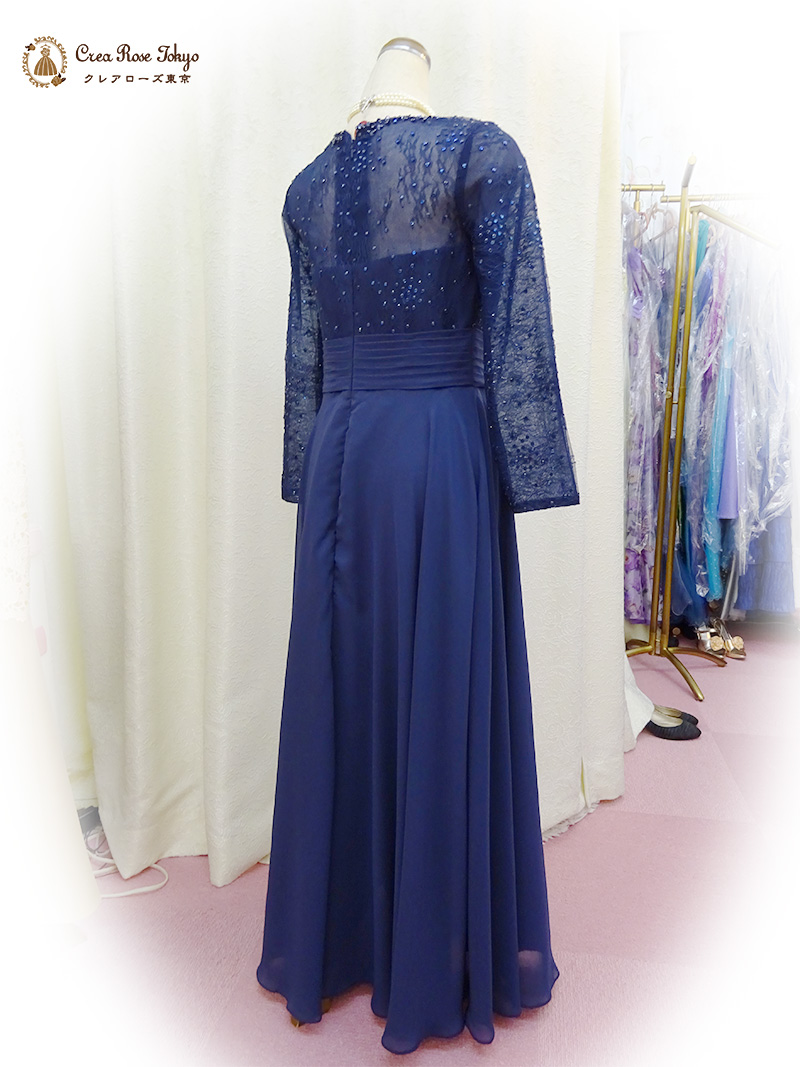正礼装【ミルゼットネイビー】上質な袖ありレースのネイビー母親ロングドレス
