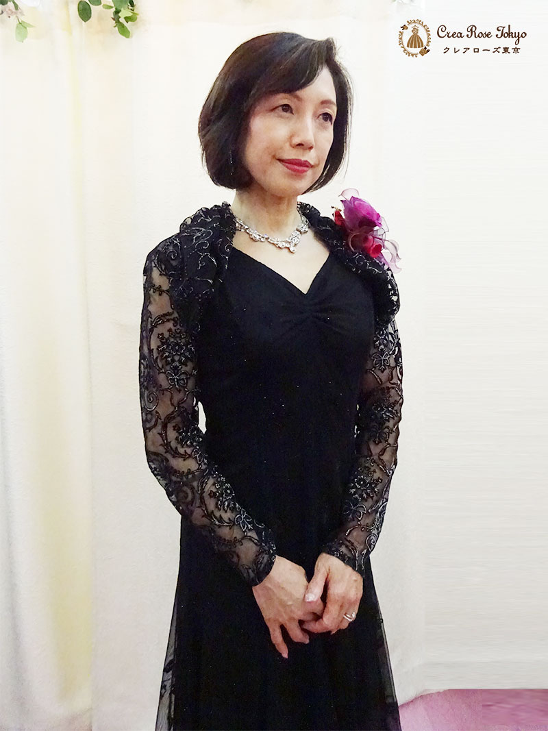 ラメ入り華やかブラックドレスとロングボレロの2点セット【オデット＋ジラーニャボレロ】ミセスのパーティーに