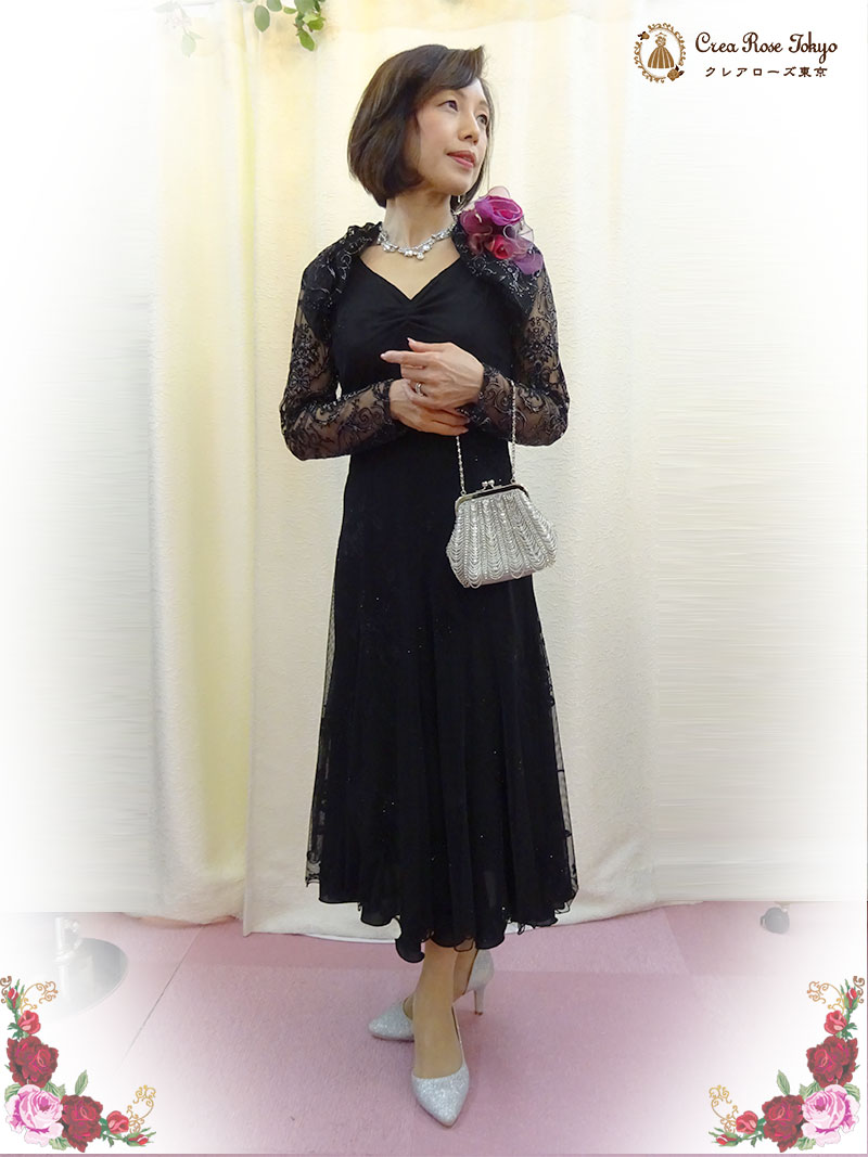 ラメ入り華やかブラックドレスとロングボレロの2点セット【オデット＋ジラーニャボレロ】ミセスのパーティーに