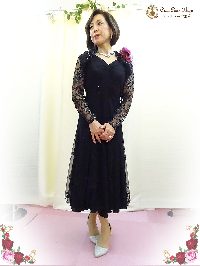 ラメ入り華やかブラックドレスとロングボレロの2点セット【オデット＋ジラーニャボレロ】ミセスのパーティーに