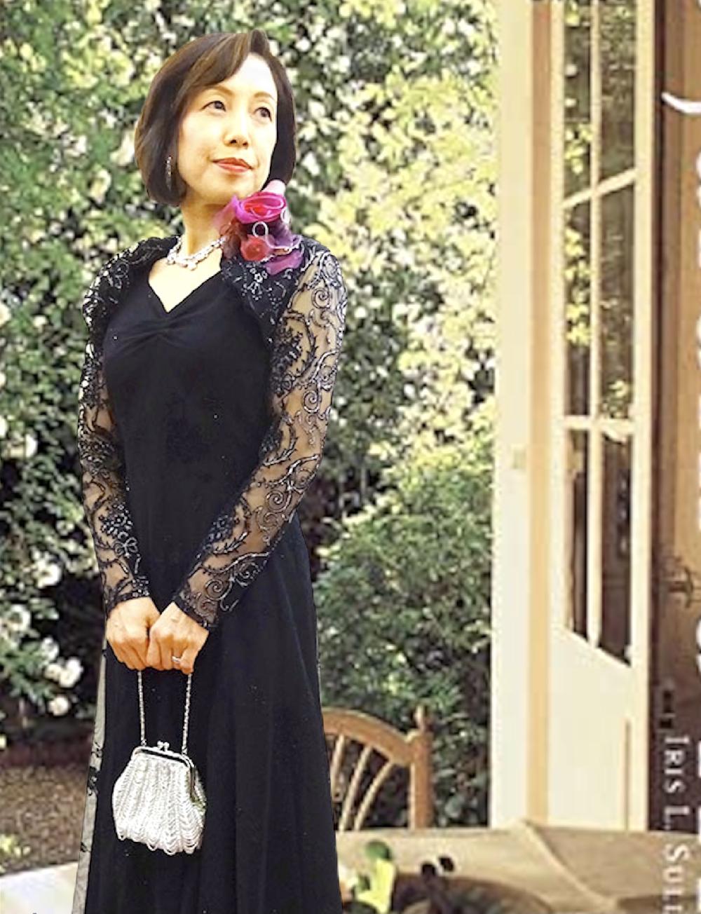 ラメ入り華やかブラックドレスとロングボレロの2点セット【オデット＋ジラーニャボレロ】ミセスのパーティーに