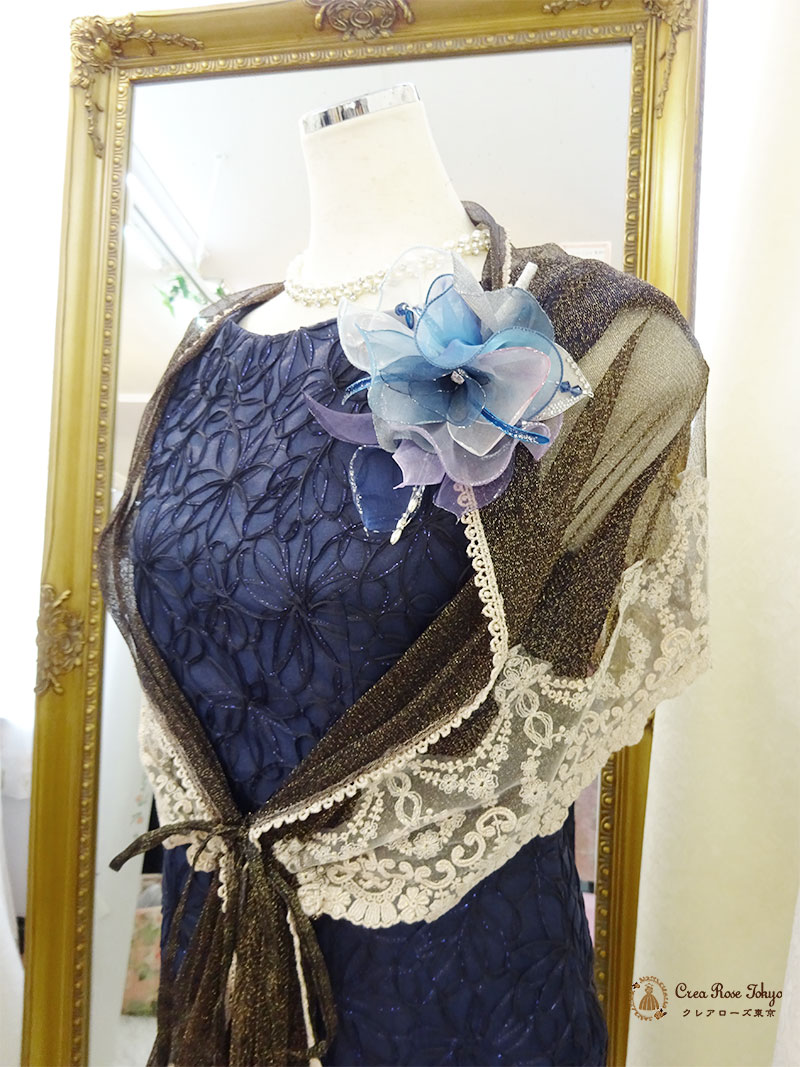 丈長め。立体模様が上品なネイビーワンピースドレス2点セット！【ノーブルフェリカドレス＋グランショール】ご親族様に