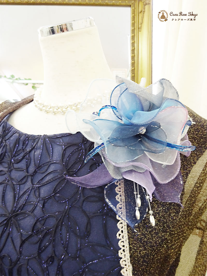 丈長め。立体模様が上品なネイビーワンピースドレス2点セット！【ノーブルフェリカドレス＋グランショール】ご親族様に