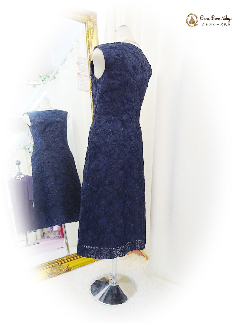 丈長め。立体模様が上品なネイビーワンピースドレス2点セット！【ノーブルフェリカドレス＋グランショール】ご親族様に