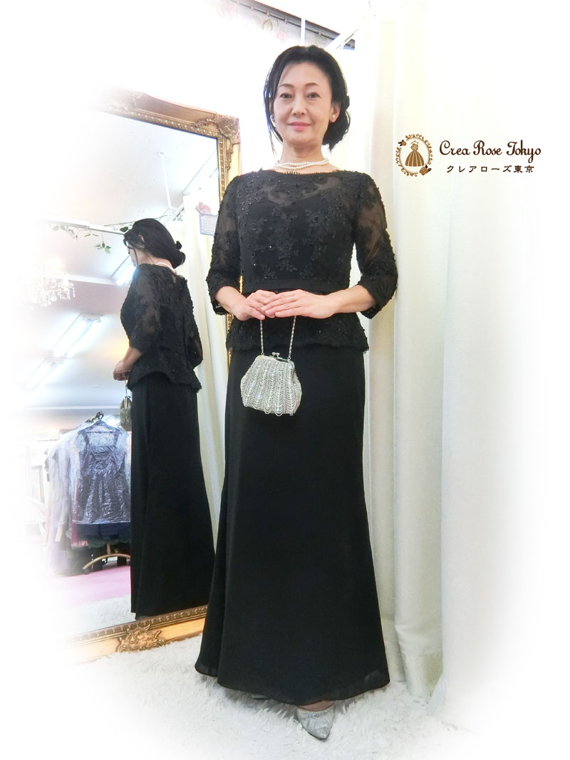 正礼装[ヴェロニカ]サイズ各種。ミセスにおすすめ、ビジューが美しい袖付き長袖マザーズドレス