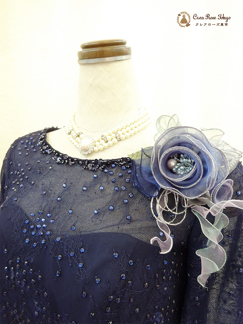 正礼装【ミルゼットネイビー】上質な袖ありレースのネイビー母親ロングドレス