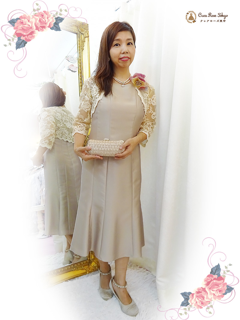 優美なシャンパン色のドレスと総レースボレロのセット【マキアドレス+グリセルダシャンパンボレロ】ミセスの結婚式やパーティーに