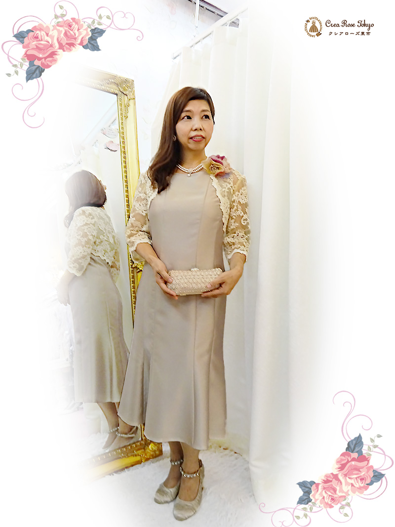 優美なシャンパン色のドレスと総レースボレロのセット【マキアドレス+グリセルダシャンパンボレロ】ミセスの結婚式やパーティーに