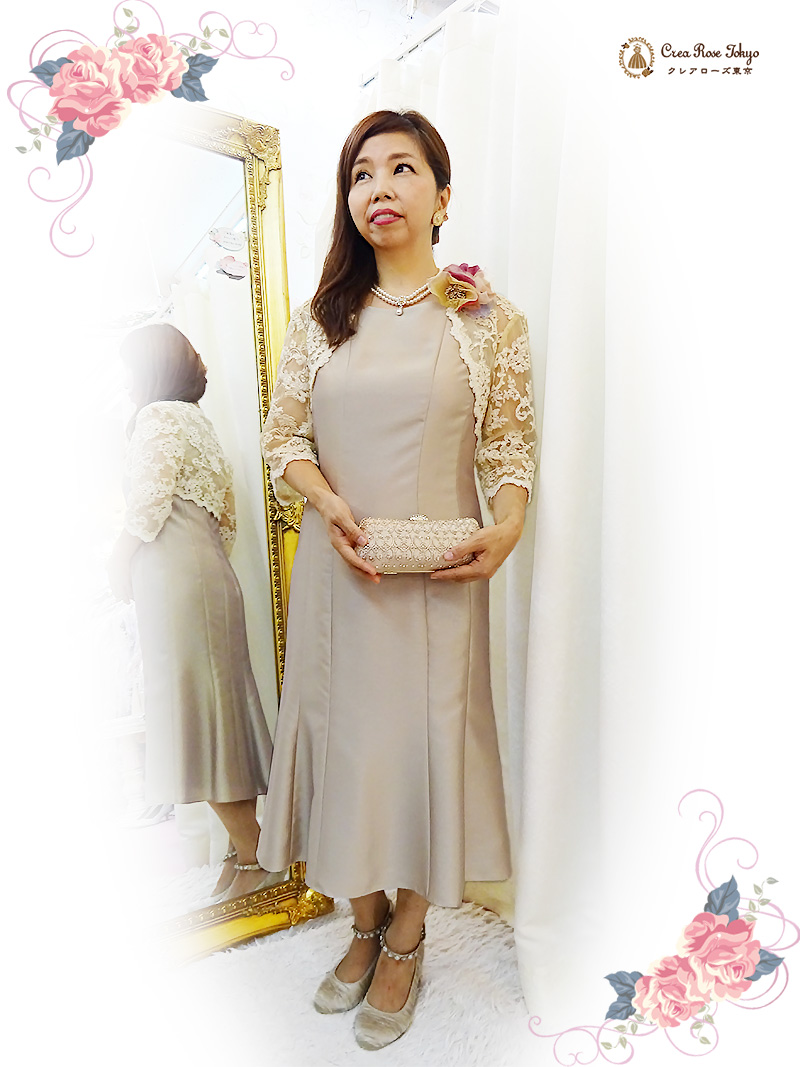 優美なシャンパン色のドレスと総レースボレロのセット【マキアドレス+グリセルダシャンパンボレロ】ミセスの結婚式やパーティーに
