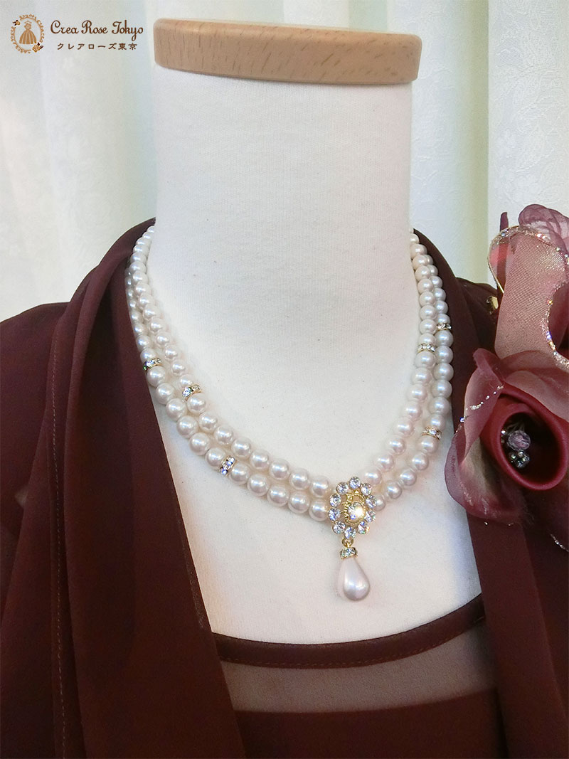 【ゴージャスフラワーゴールド2連】パールのパーティーネックレス