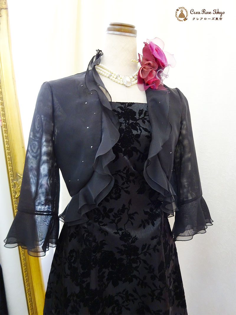 丈が短め、背の低い方向け。上質！地模様ブラックドレス2点セット【エリカ・ヴィクトリアドレス＋ブラックベリカボレロジャケット】母親ロングドレス