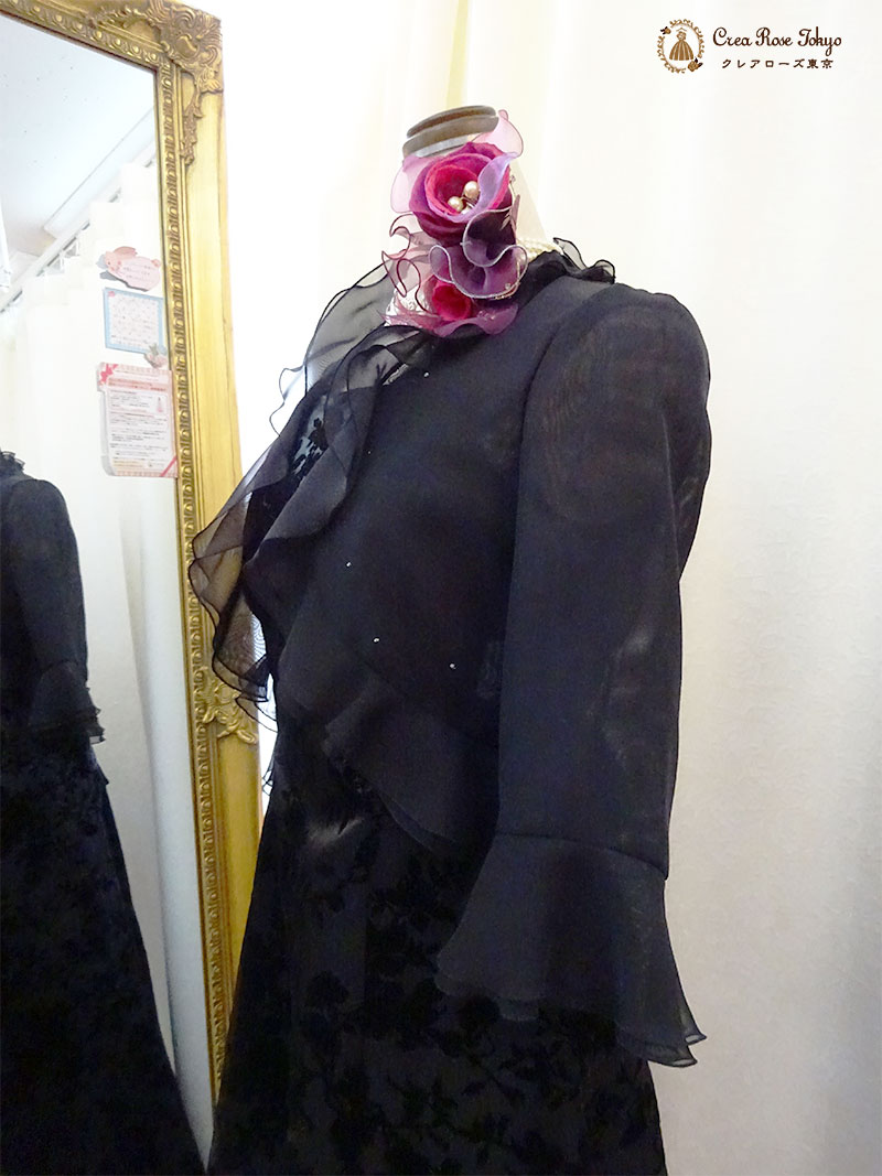 丈が短め、背の低い方向け。上質！地模様ブラックドレス2点セット【エリカ・ヴィクトリアドレス＋ブラックベリカボレロジャケット】母親ロングドレス