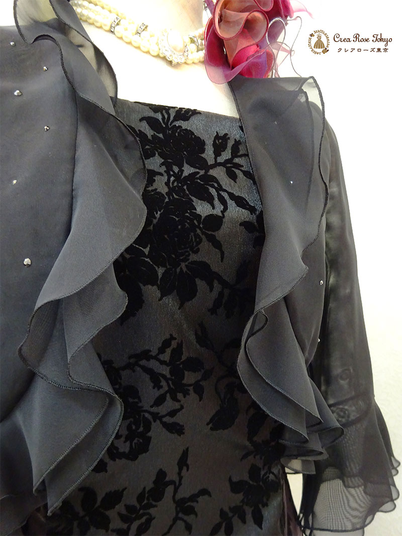 丈が短め、背の低い方向け。上質！地模様ブラックドレス2点セット【エリカ・ヴィクトリアドレス＋ブラックベリカボレロジャケット】母親ロングドレス