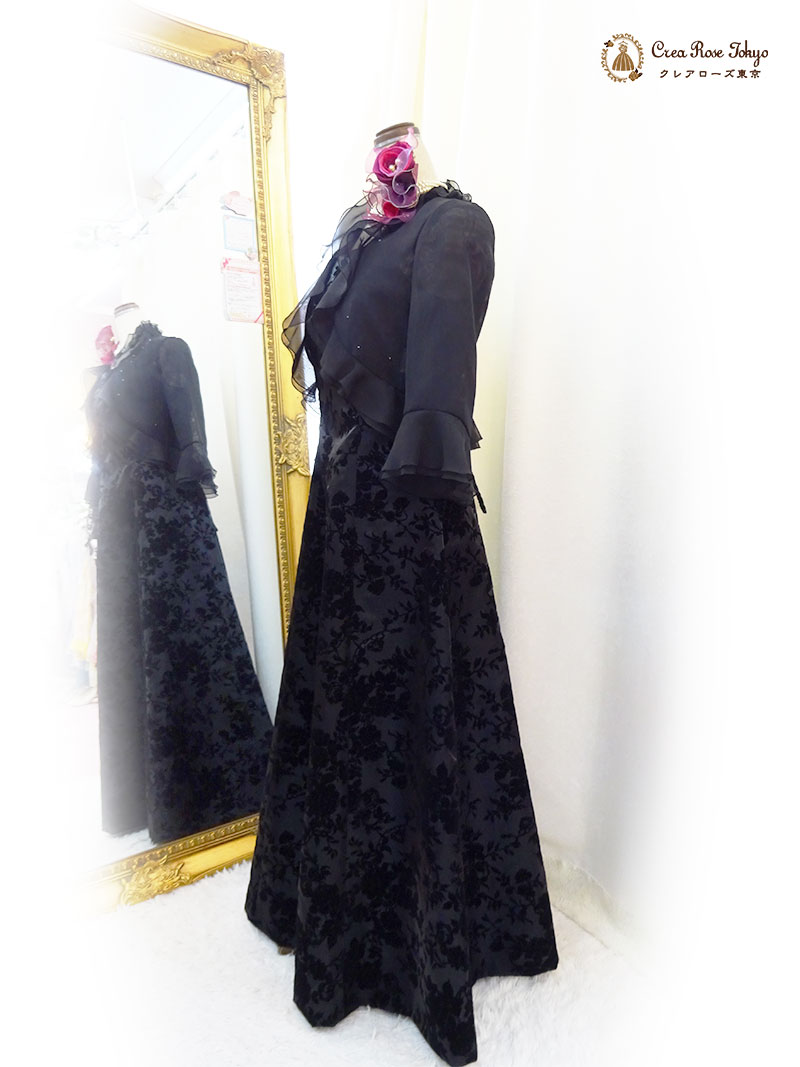 丈が短め、背の低い方向け。上質！地模様ブラックドレス2点セット【エリカ・ヴィクトリアドレス＋ブラックベリカボレロジャケット】母親ロングドレス