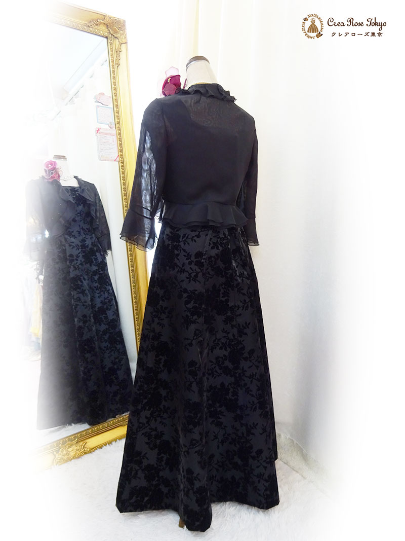 丈が短め、背の低い方向け。上質！地模様ブラックドレス2点セット【エリカ・ヴィクトリアドレス＋ブラックベリカボレロジャケット】母親ロングドレス