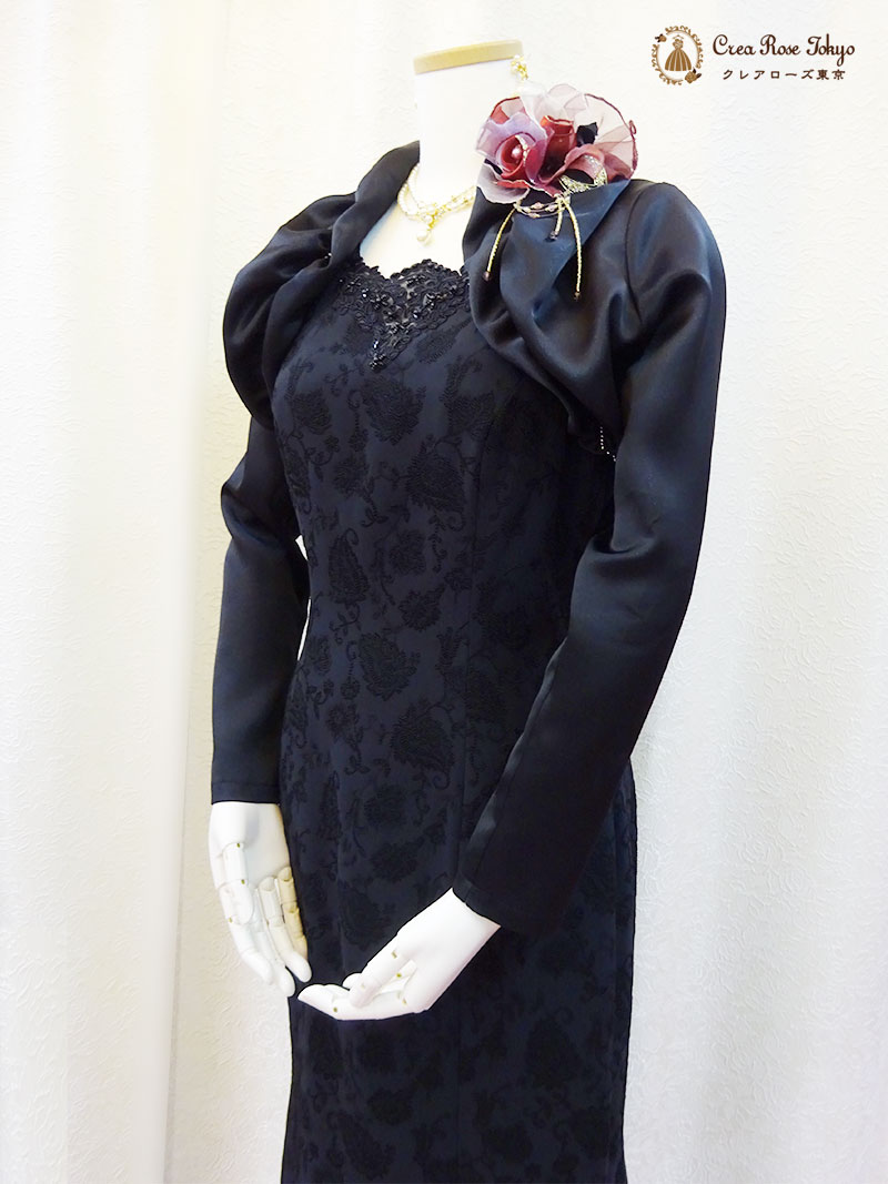 上質！地模様ブラック９号（M）人気ドレス2点セット【イングリッシュドレス＋アガーテジャケット】母親マーメイドラインロングドレス