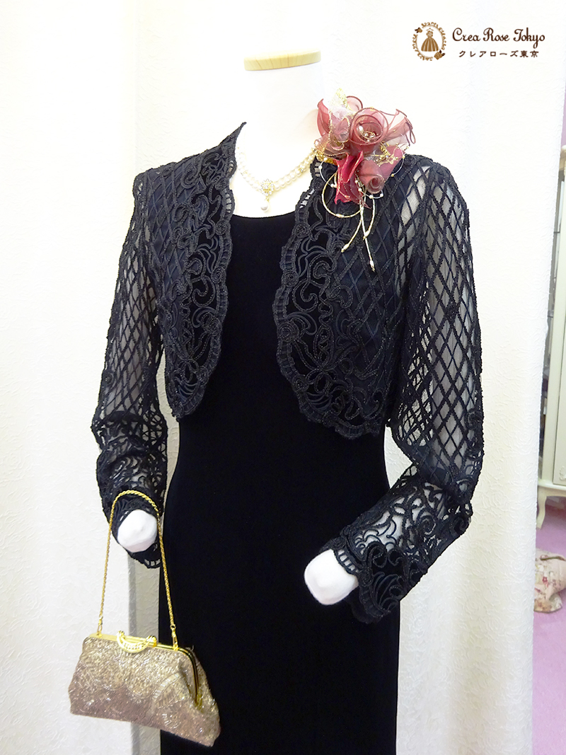 秋冬おすすめ、ベルベット高級ドレスコーディネート2点セット！【クロケット・ベルベットドレス＋レーシーグランデジャケット】お母様、叔母さま、ご親族様