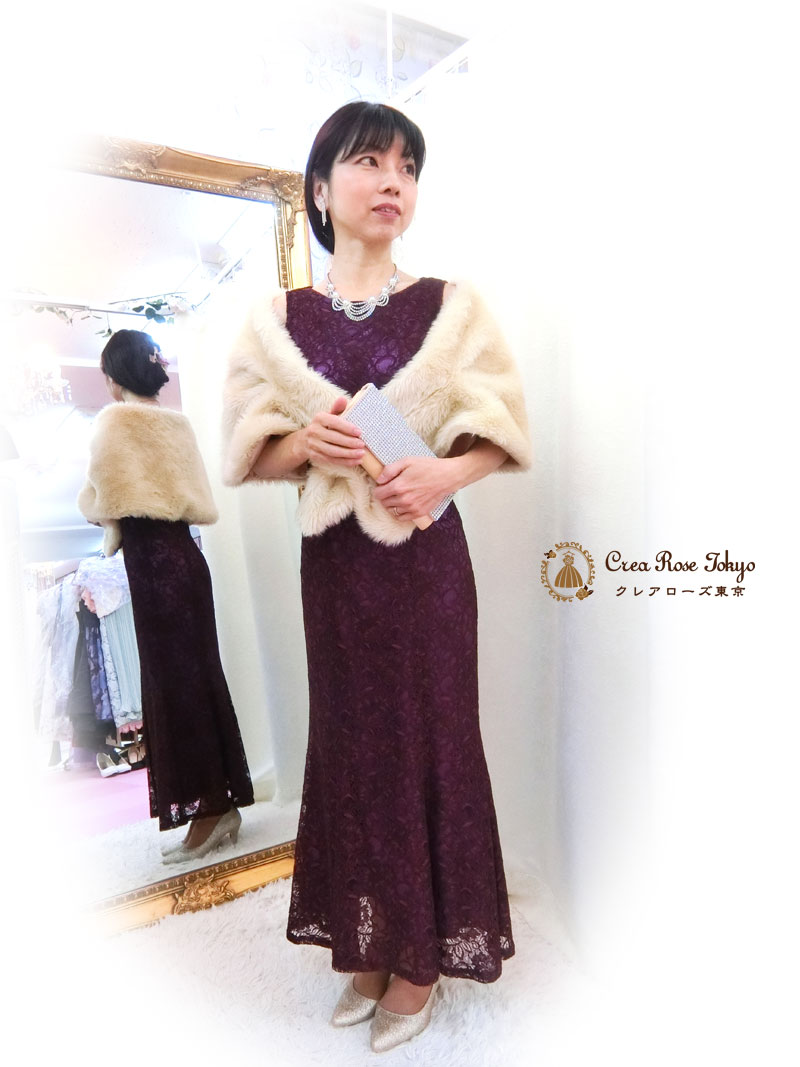 ４０代５０代の女性のためのロングドレス[ピンパーネル]ミセスにおすすめ紫色の上品なマーメイド総レース