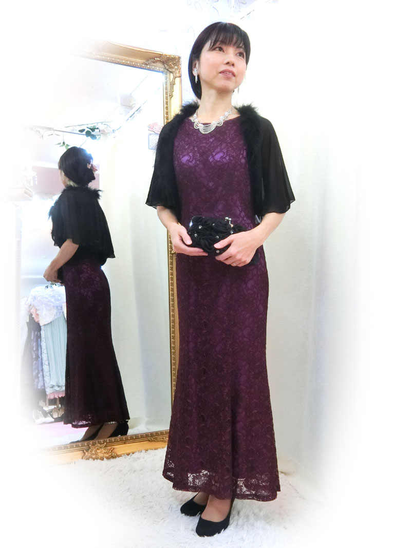 ７号～細身９号のお母さまが綺麗に着られる[ピンパーネルドレス＋ブラックファーボレロ]コーディネート2点セット！