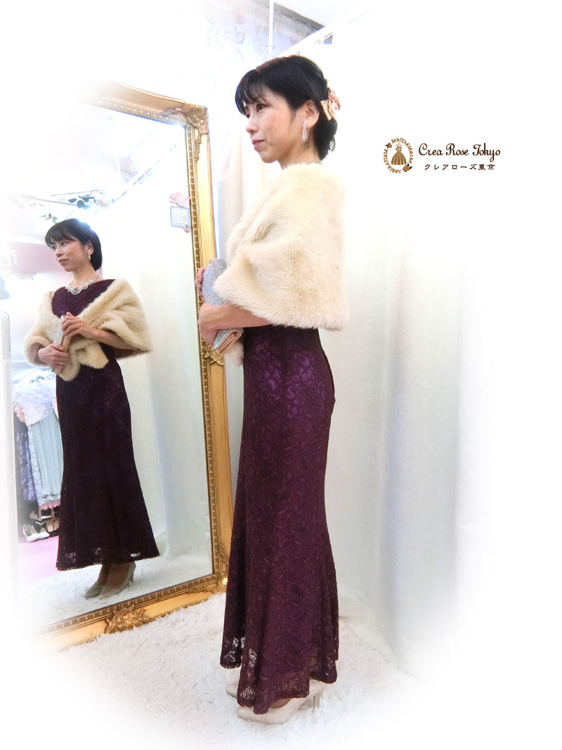 ７号～細身９号のお母さまが綺麗に着られる[ピンパーネルドレス＋アネッセファーショール]コーディネート2点セット！