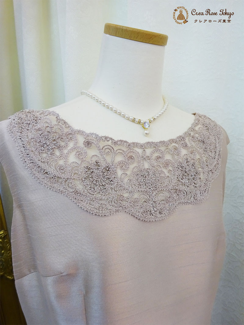 若々しいおばあちゃんに。優しいピンクベージュドレスと華やかジャケットの2点セット！【ルシードルレースドレス＋カトリーナボレロジャケット】日本製のフォーマルドレス　レンタルドレス東大宮