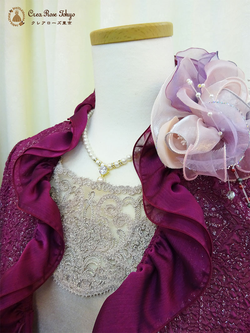 優しいピンクベージュドレスとワインカラージャケットの2点セット！【ルシードルレースドレス＋プレファドールボレロジャケット】日本製の母親、叔母さまドレス