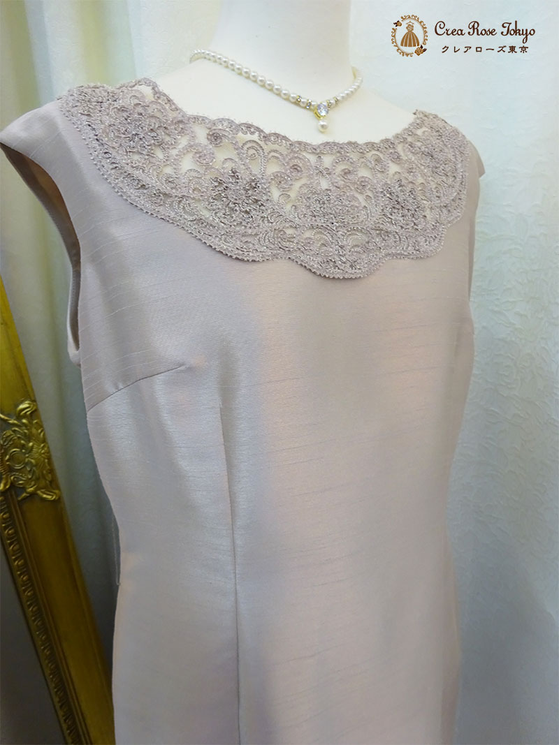 優しいピンクベージュドレスとワインカラージャケットの2点セット！【ルシードルレースドレス＋プレファドールボレロジャケット】日本製の母親、叔母さまドレス