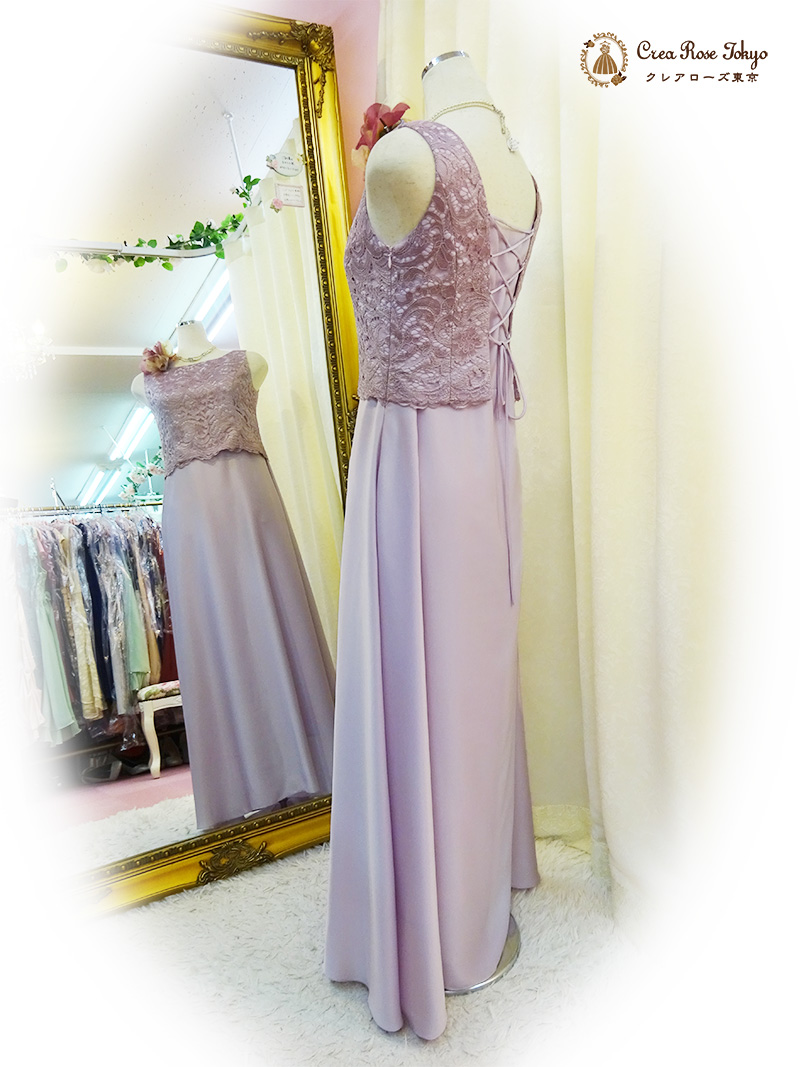 浅草本店　9〜11号の方、エレガントな薄紫にトップスの総レースが上質感あふれるロングドレス【ハーベルレーヌドレス】30〜40代の方の発表会やパーティーに