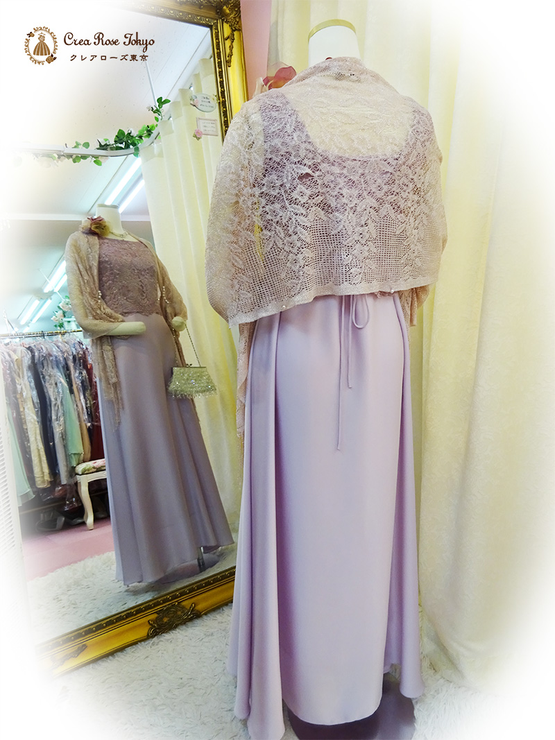 浅草本店　9〜11号の方、エレガントな薄紫にトップスの総レースが上質感あふれるロングドレス【ハーベルレーヌドレス】30〜40代の方の発表会やパーティーに