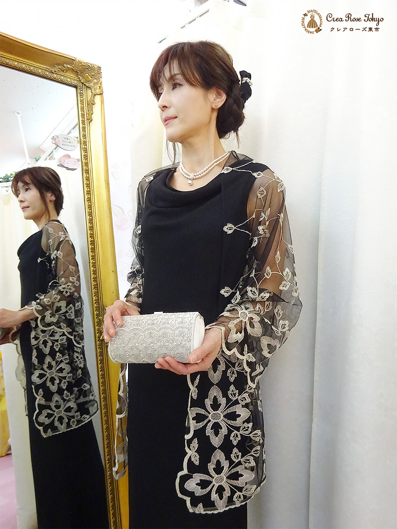 細いお母様に。カジュアルなウェディングに。2点セット【ソフィレスドレープドレス＋ハーバルレースショール】スレンダーなミセスに