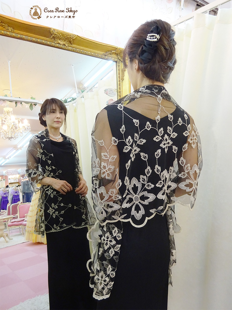 細いお母様に。カジュアルなウェディングに。2点セット【ソフィレスドレープドレス＋ハーバルレースショール】スレンダーなミセスに