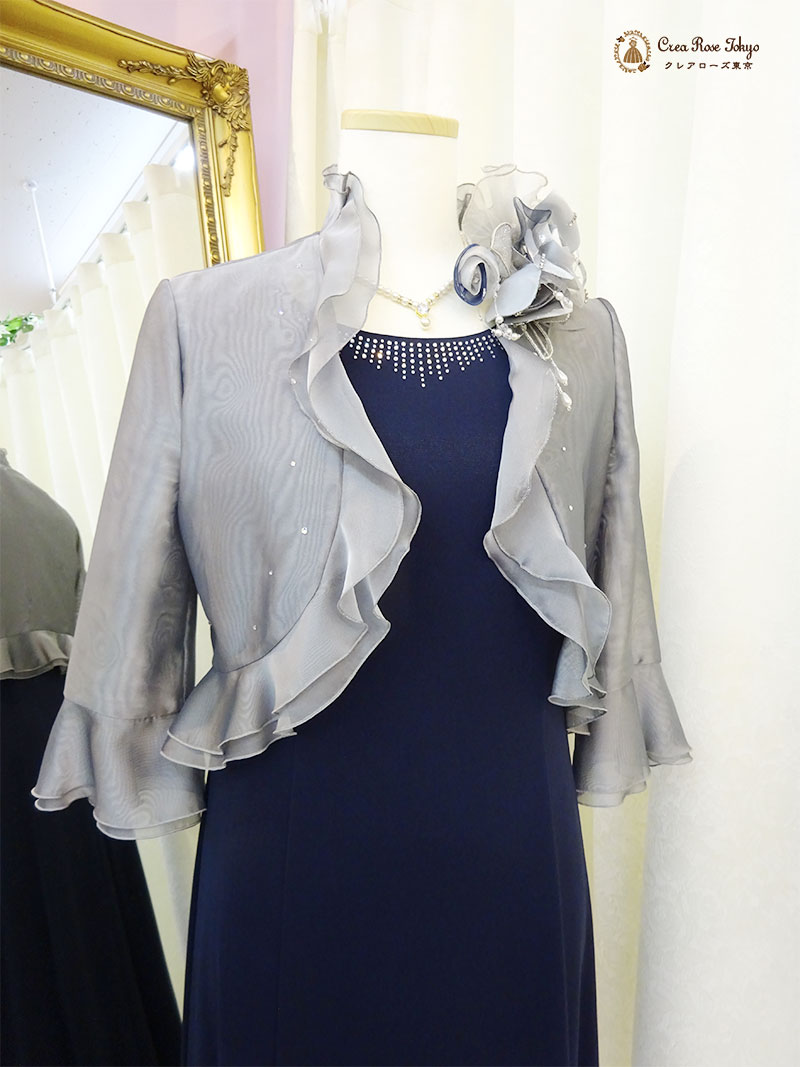 40代50代ミセスネイビー2点セット！【アリーチェ・ユミドレス＋グレーベリカボレロジャケット】ご親族様ドレス