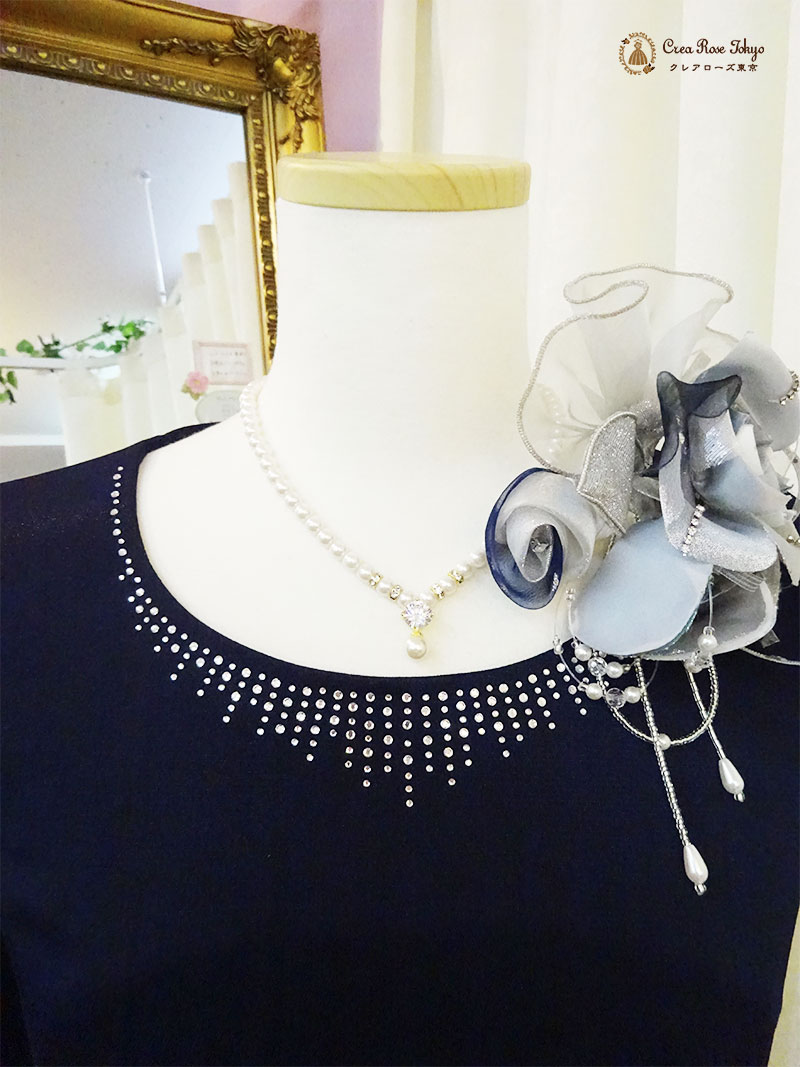 40代50代ミセスネイビー2点セット！【アリーチェ・ユミドレス＋グレーベリカボレロジャケット】ご親族様ドレス